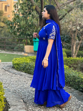 hand embroidered royal blue double flare anarkali